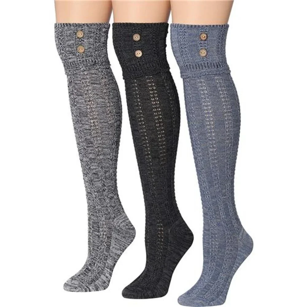 3 Pairs Women's Winter Knee High Over The Knee With Buttons Boot Socks
